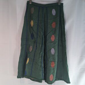 Zara Green Embroidered Leaves Skirt Linen Blend Womens L Large Long Maxi